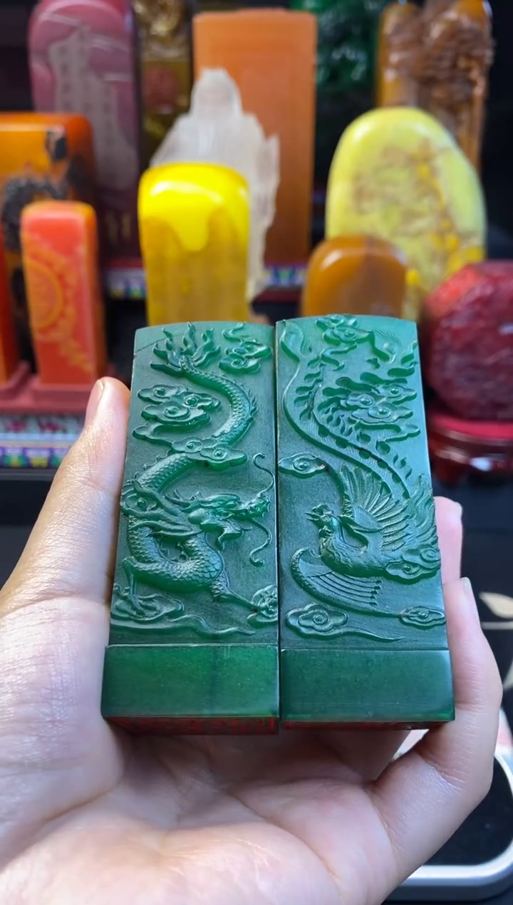 寿山石印石雅安绿龙凤对章