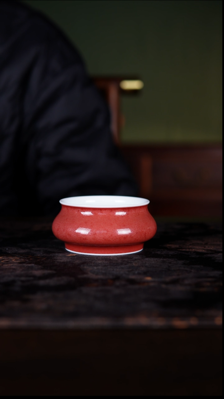 杯子白泥豇豆红高温铜红釉纯手工