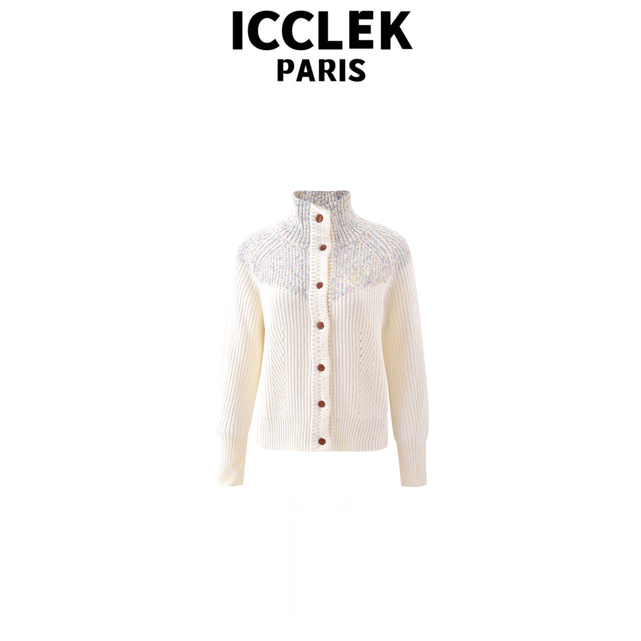 ICCLEK 设计师款轻奢名媛白色翻领针织长袖开衫显瘦上衣外套-9135