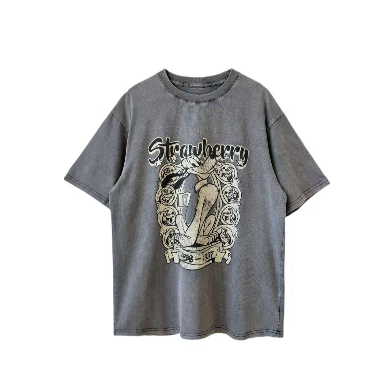 【汪星人出动】韩版设计师款宽松气质百搭水洗印花圆领短袖T恤