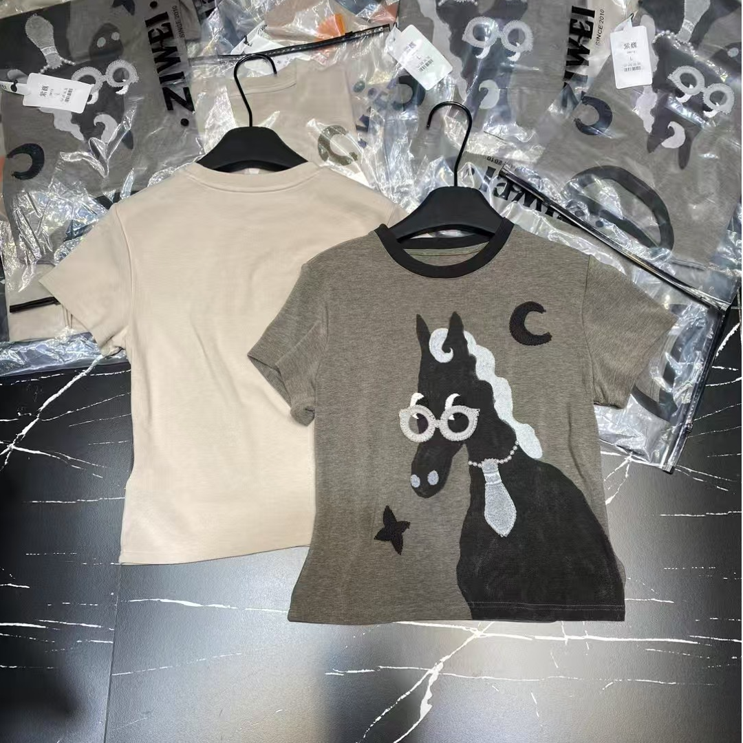 【趣味眼镜小马】新款韩版重工刺绣设计感百搭印花短袖T恤上衣女