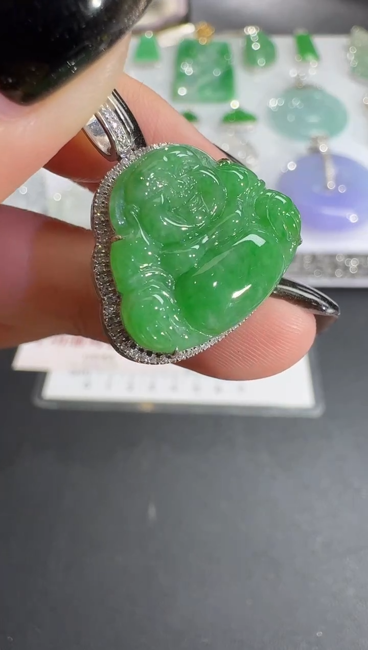 吊坠(不含链)18K金镶嵌翡翠【源头工厂】钻石镶嵌