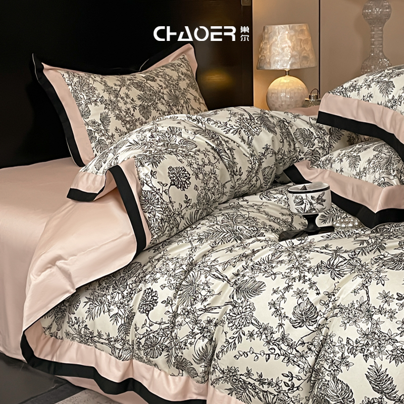 巢尔【华尔兹】纯棉被套四件套轻奢美式花卉数码印花时尚床单枕套