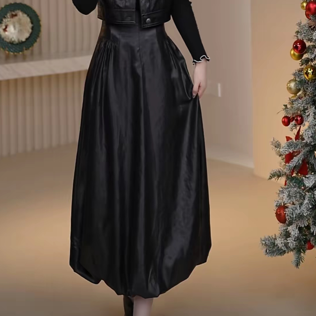 AMASS/阿玛施26早春新款花苞裙高腰质感复古人造皮裙半身裙520055