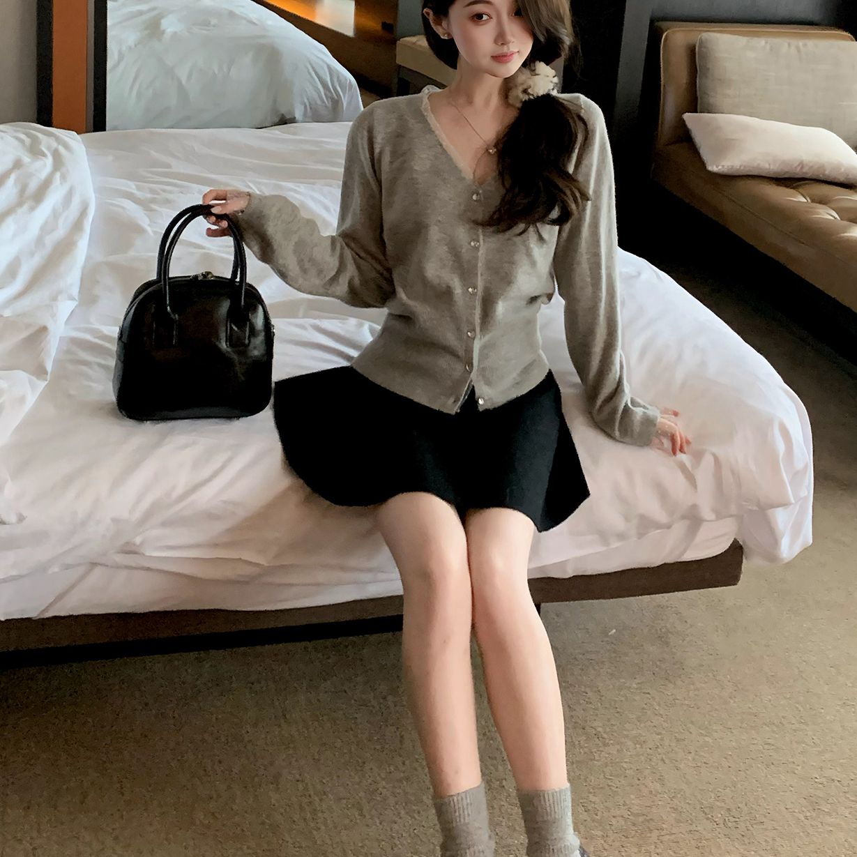 Huangzuozuo佐佐家小个子气质羊毛高腰蓬立裁短裙冬季女半身裙子