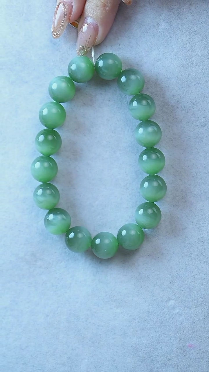 【闪购商品】和田玉手串未镶嵌俄料碧玉粉青猫眼卡12mm