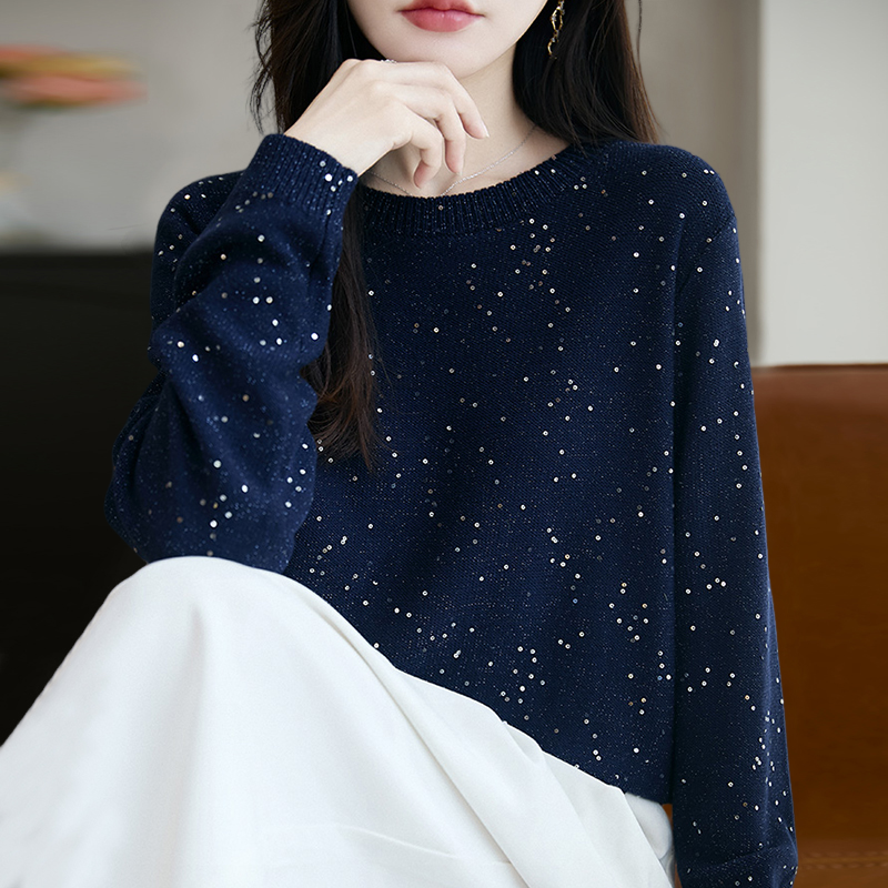 拉夏贝尔时尚亮片毛针织打底衫女2025年新款春秋显瘦百搭洋气上衣