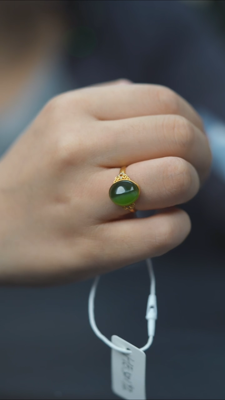未镶嵌戒指和田玉碧玉一线绿猫 镶18 开口戒 HE50192