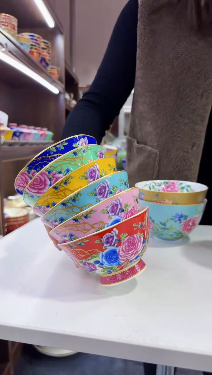 珐琅 4.7英寸花口碗6个景德镇陶瓷混色  