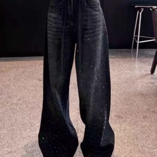 b2055韩版牛仔裤新款秋季百搭时尚设计感高腰宽松满天星阔腿裤