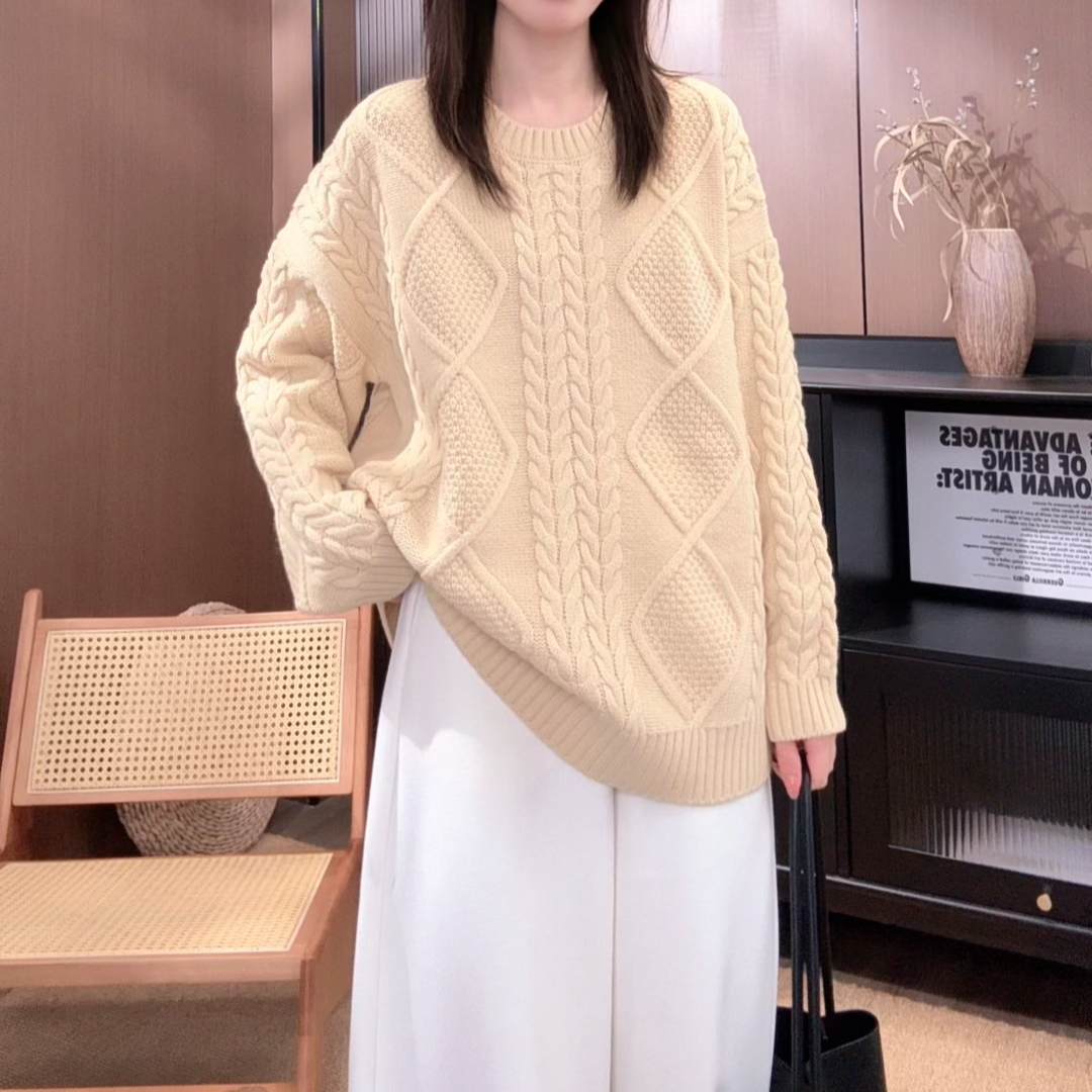 相菲一韩版慵懒风宽松全羊毛加厚圆领麻花毛衣女 2025时尚羊毛衫