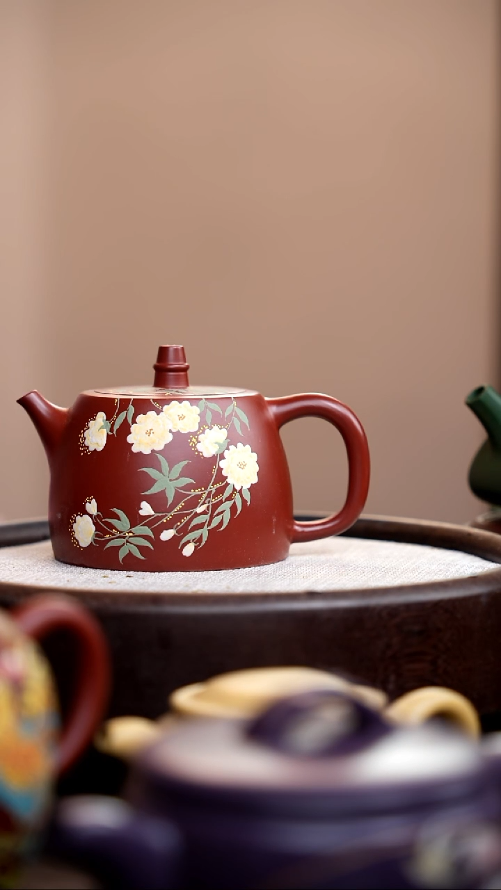 茶壶紫砂朱泥汉铎泥绘白花