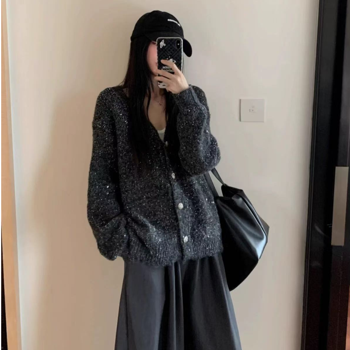 【星空灰开衫】玉姐家慵懒风纯色V领亮片针织开衫f852 J022593