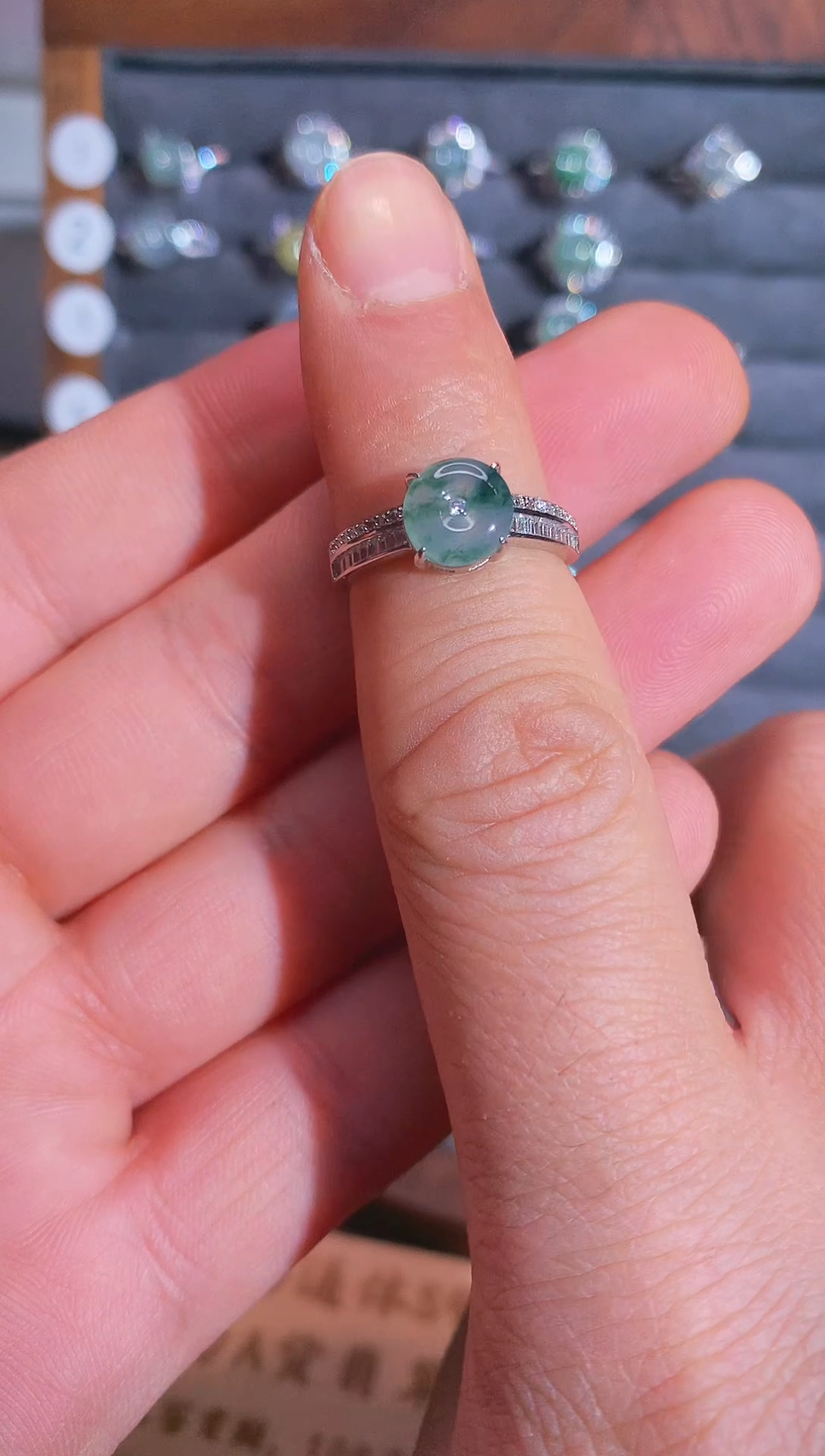 银S925镶嵌戒指翡翠S925银镶翡翠平安扣女饰品