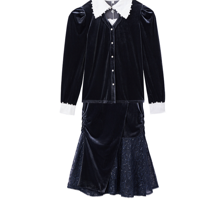 复古气质显瘦丝绒秋冬长款两件套装女装轻奢152170006