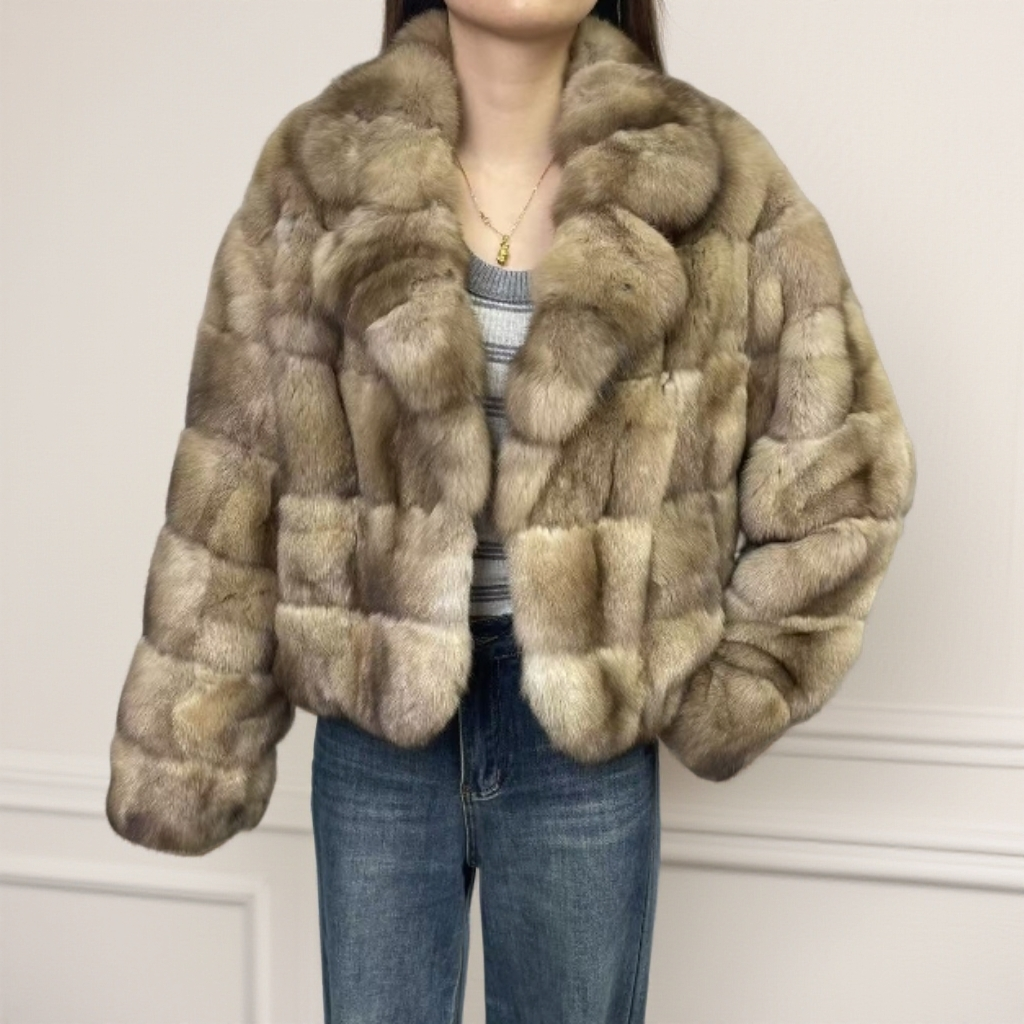 （50cm）天然原色进口俄罗斯貂农夫琥珀高端气质西装领皮草外套