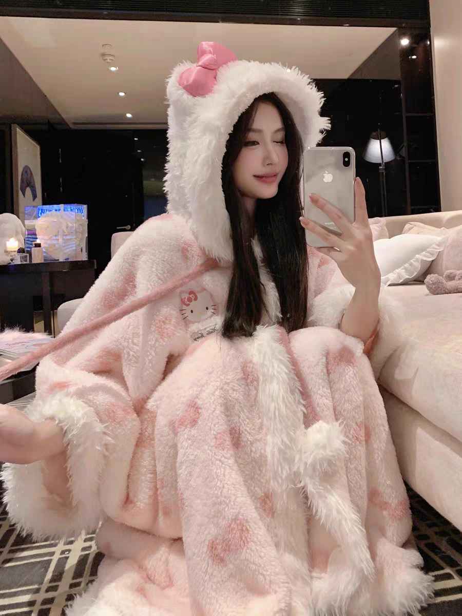 「kt猫斗篷」80-180秋冬女睡衣珊瑚绒可爱长袖可外穿家居服