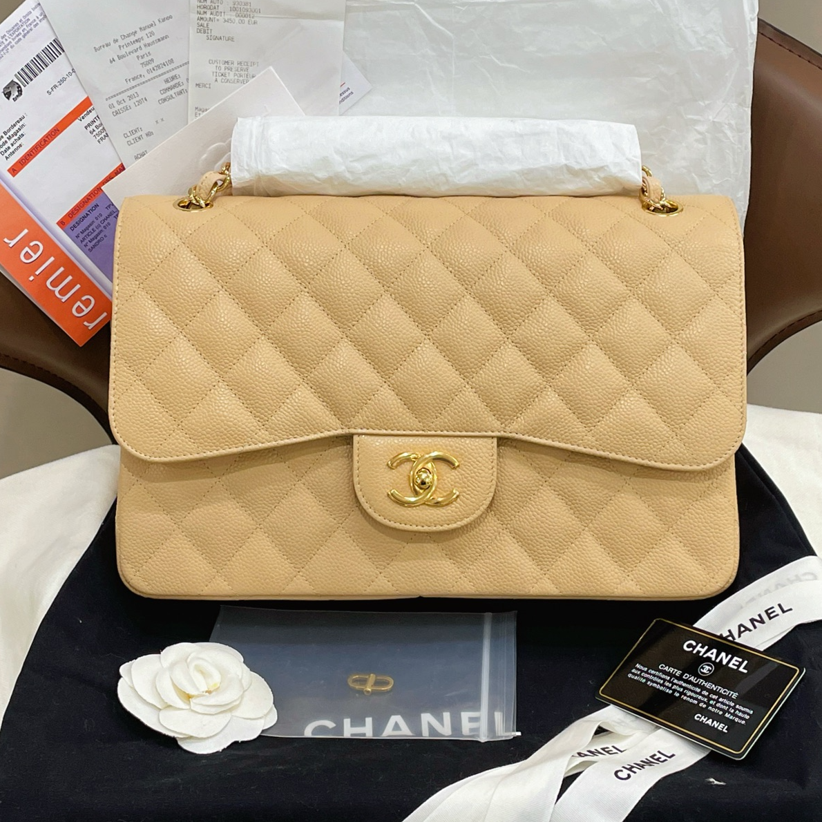 95新 Chanel/香奈儿 杏色菱格荔枝纹cf jumbo 单肩包/7QH37820