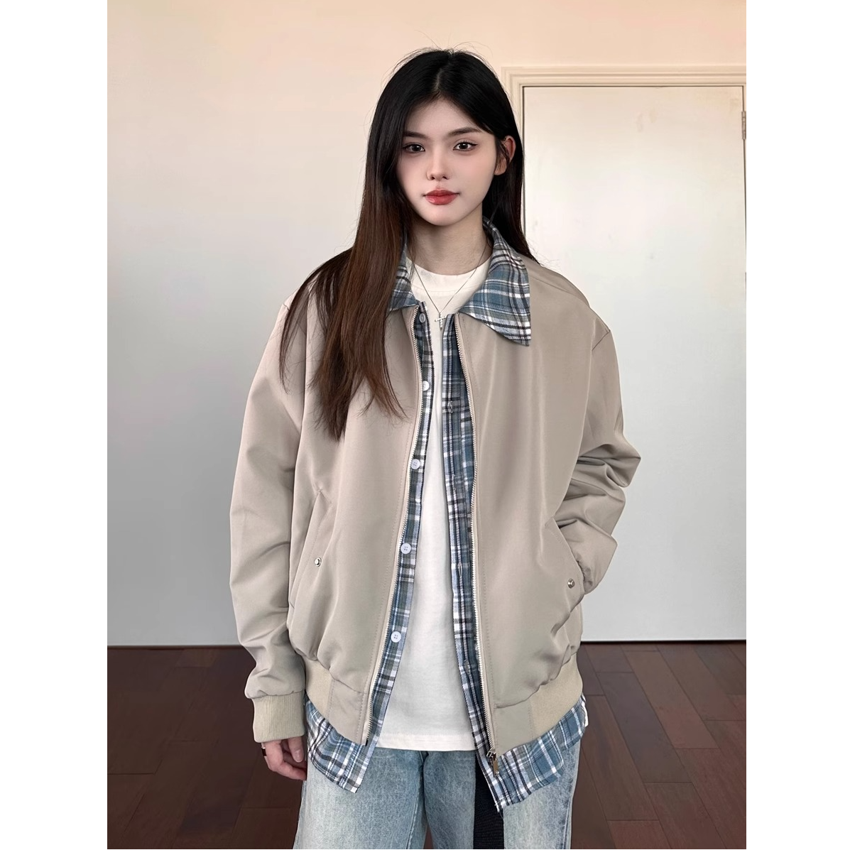 LIGGICC美式复古Cleanfit假俩件法兰绒衬衫ma1翻领夹克外套男春秋