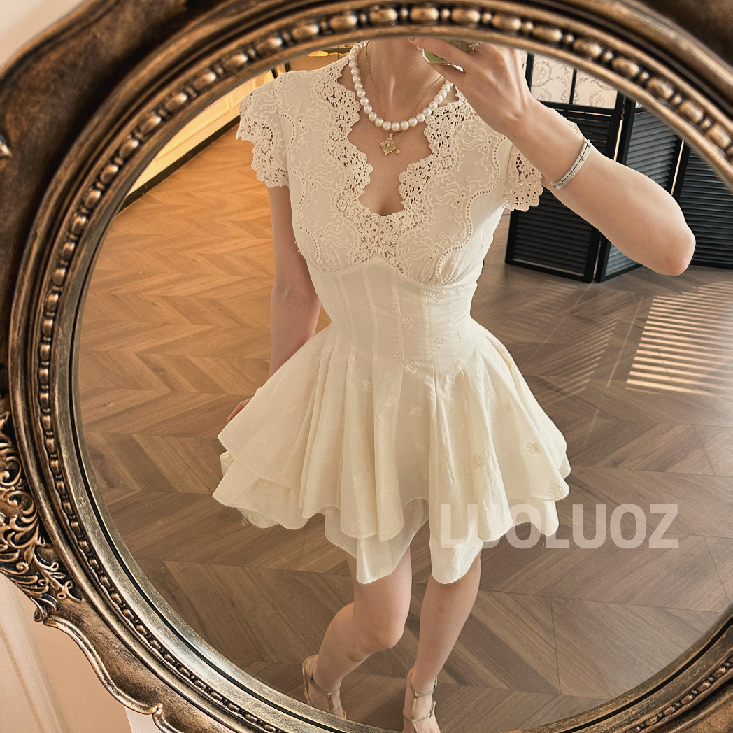 LUOLUOZ【漫山白茶】全棉蕾丝时尚重工收腰短款连衣裙JF772