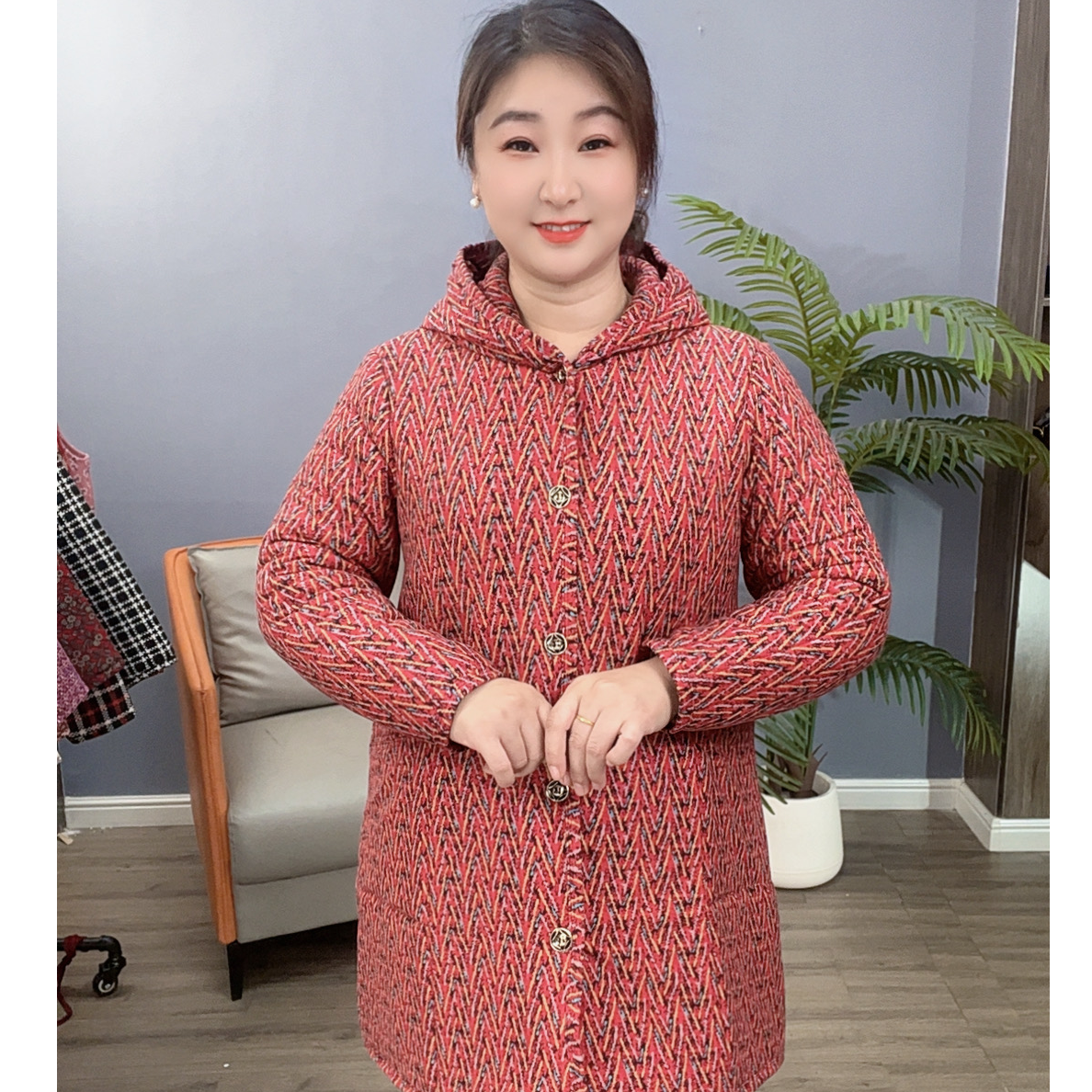 X-中长款带帽款 花色保暖加厚 防寒系扣棉袄