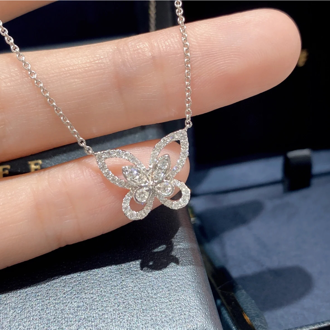 99新 Graff/格拉夫 小花6欢 蝴蝶满钻 小号 白金项链