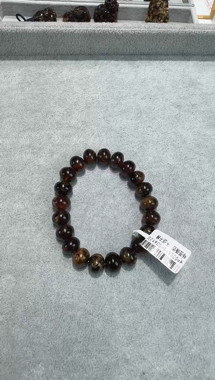 手链琥珀未镶嵌抚顺琥珀  黑金干白花  11mm