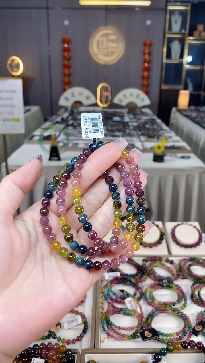 未镶嵌冰透体老矿碧玺彩虹三圈手串6mm+碧玺hon多样性发一条