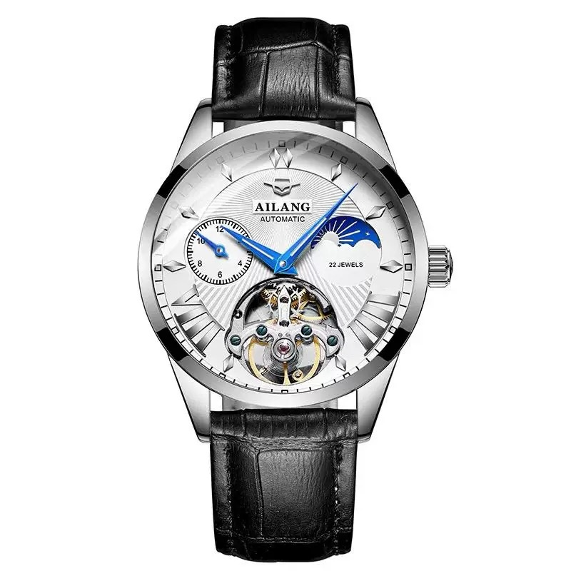 机械日月星辰白面黑皮-全自动机械表镂空陀飞轮名牌名表男士-wing