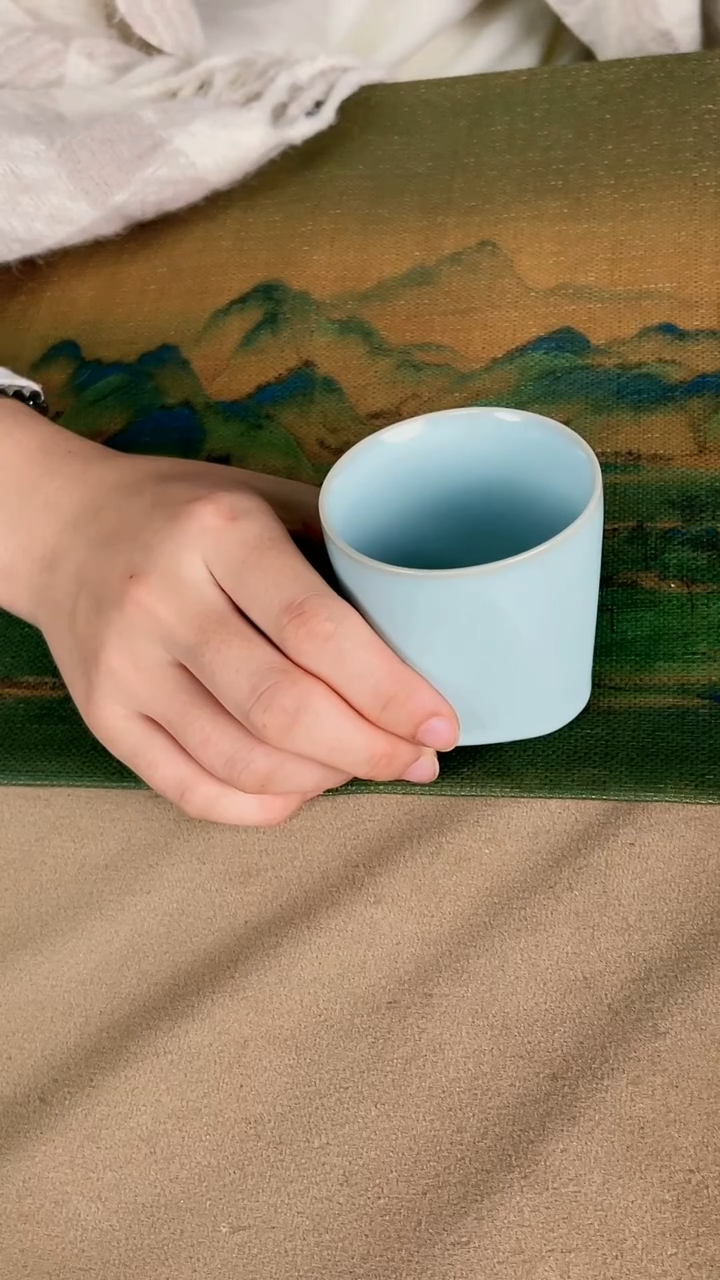 杯子瓷韩红 天青釉 方圆杯