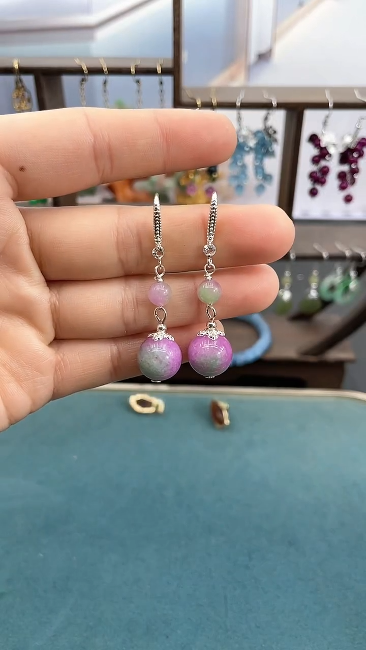 银S925镶嵌翡翠耳饰12mm春彩双珠