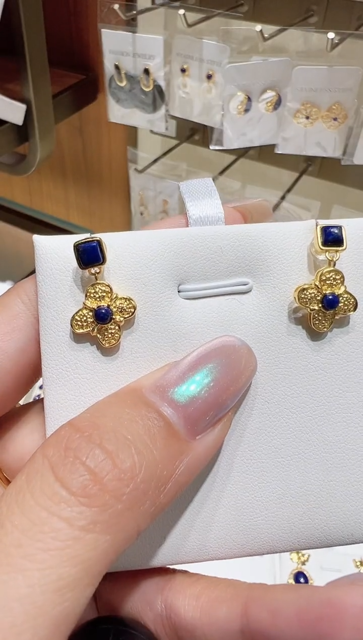 银S925镀金镶嵌青金石耳饰@@