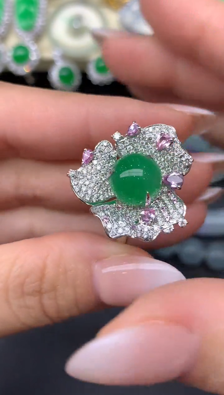 翡翠戒指18K金镶嵌394-雪姐翡翠天天见