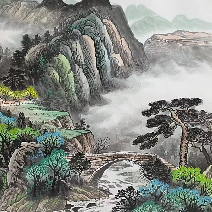 精品-朱雪林-斗方-青松溪桥-图