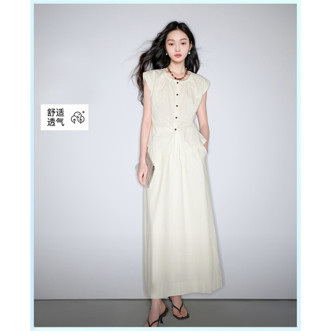 IC2025夏季新款白色条纹套装上衣半身裙两件套通勤女