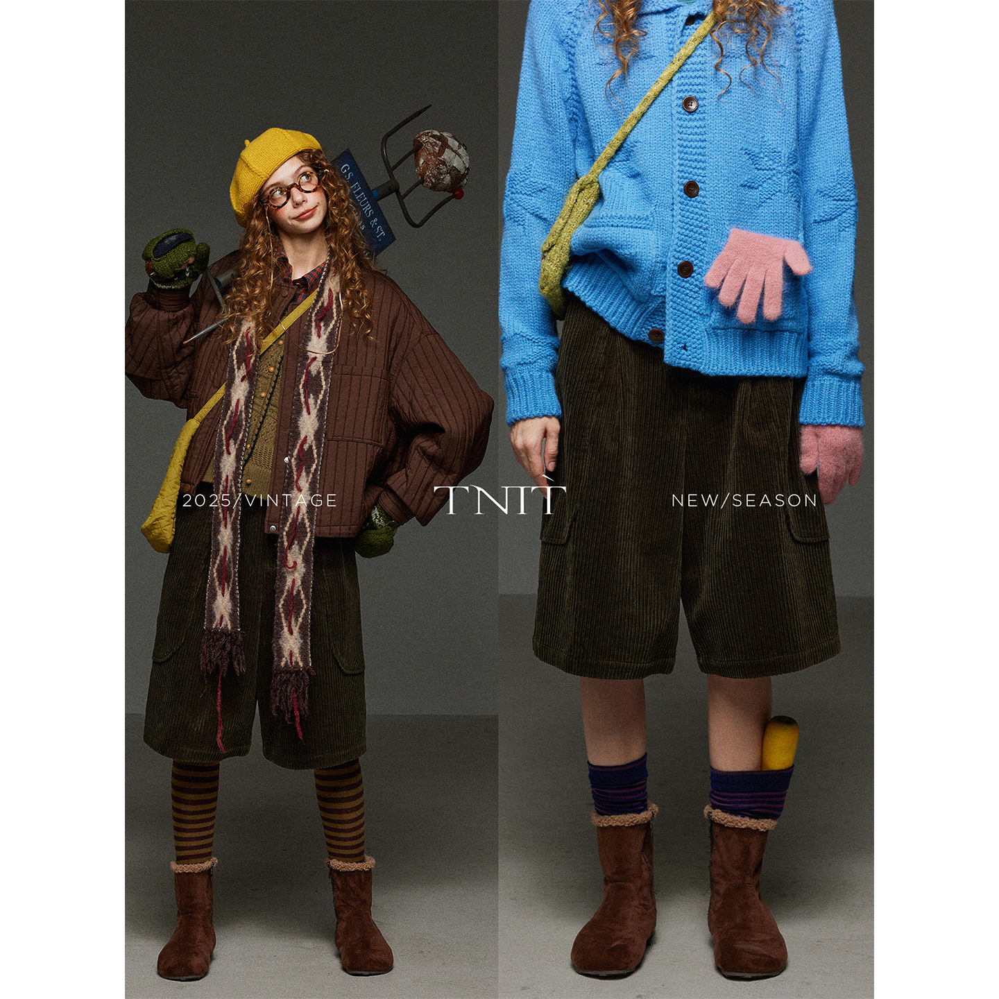 TNIT复古绿色双口袋灯芯绒阔腿五分裤女秋冬高腰显瘦直筒休闲裤