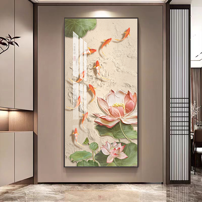 荷花九鱼图走廊简约正版过道客厅手工玄关挂画背景墙晶客厅HH-1