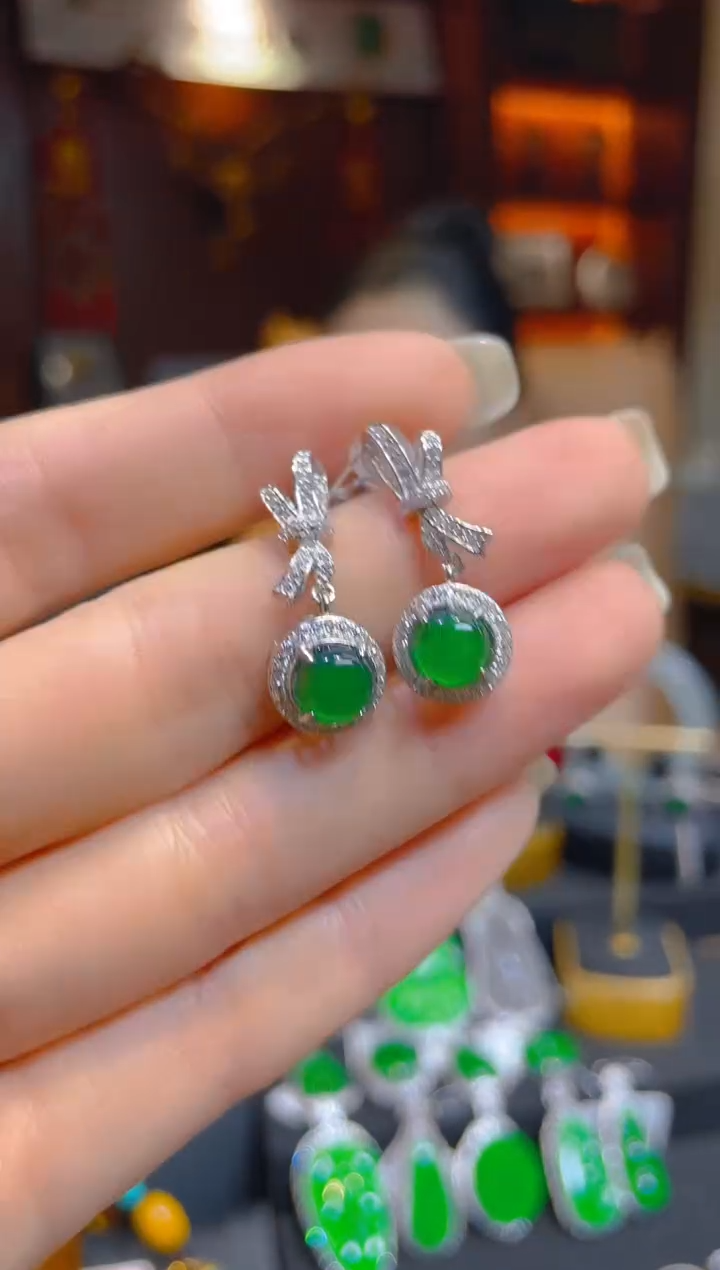 翡翠银S925镶嵌耳饰天然A货翡翠/136356