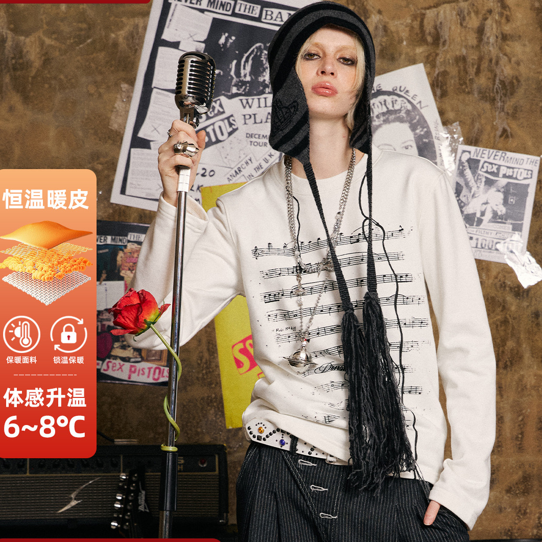 DONSMOKE正版授权NANA黑白音符印花上衣男女同款宽松简约长袖内搭