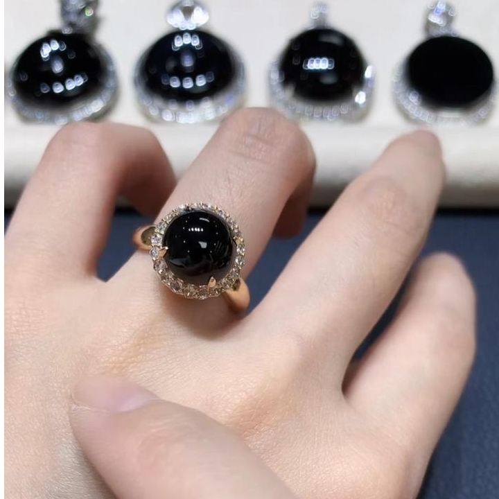 玥集珠宝 18K金 墨翠蛋面戒指 多样性发货 XLH