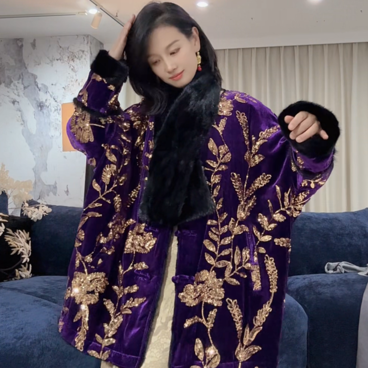 诺谰 水貂毛两面穿老钱风富婆款拼貂皮草外套貂皮大衣中长款24036