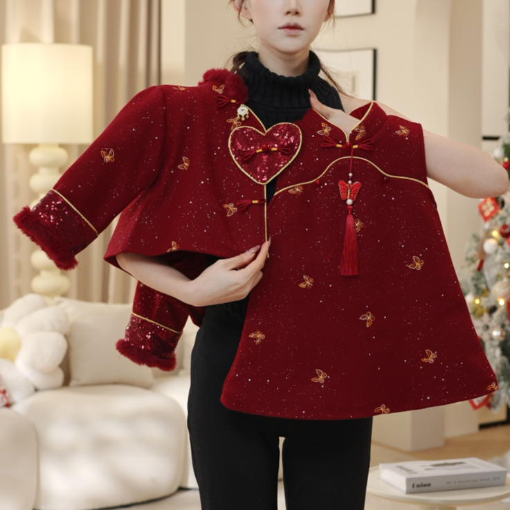 2025冬季女童夹棉加厚高级红新中式外套上衣套装两件套DA30962