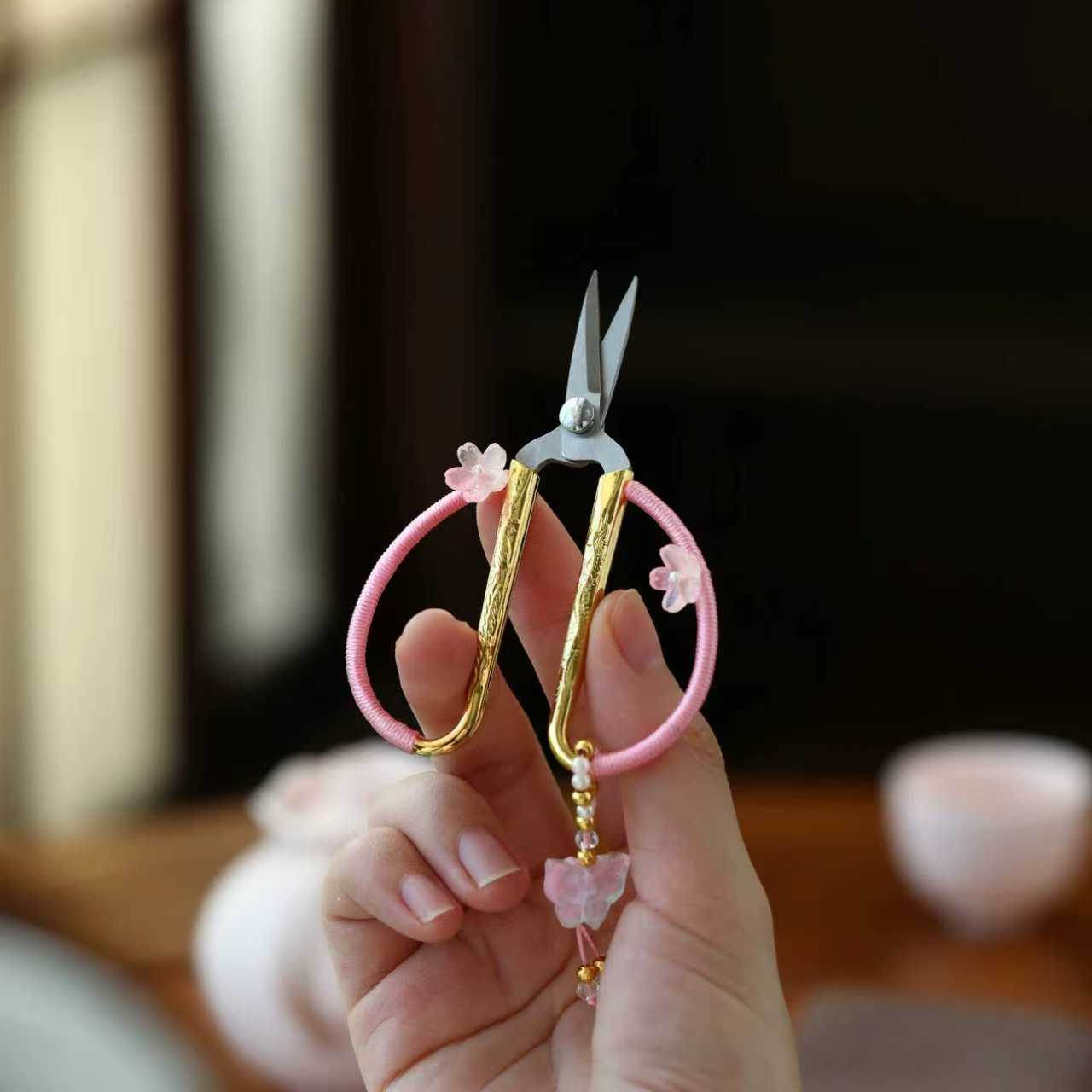 粉色小兰花茶剪茶道配件PJDD17