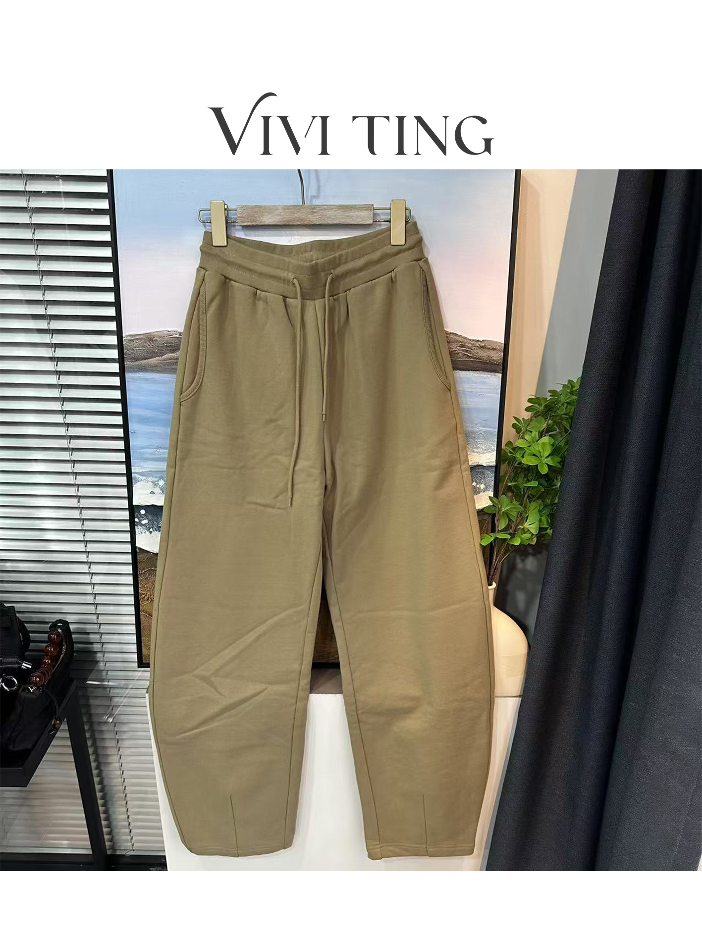 【VIVI·TING】婷姐推荐休闲百搭纯色净版抽绳裤卡其色镰刀裤F541