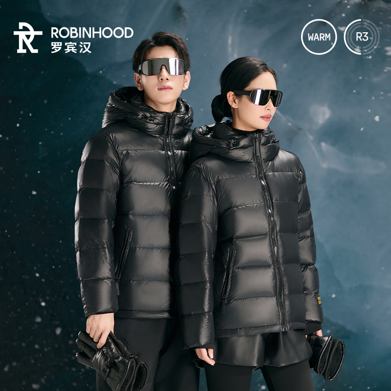 罗宾汉简约时尚百搭冬季黑色金标520短款羽绒服1542