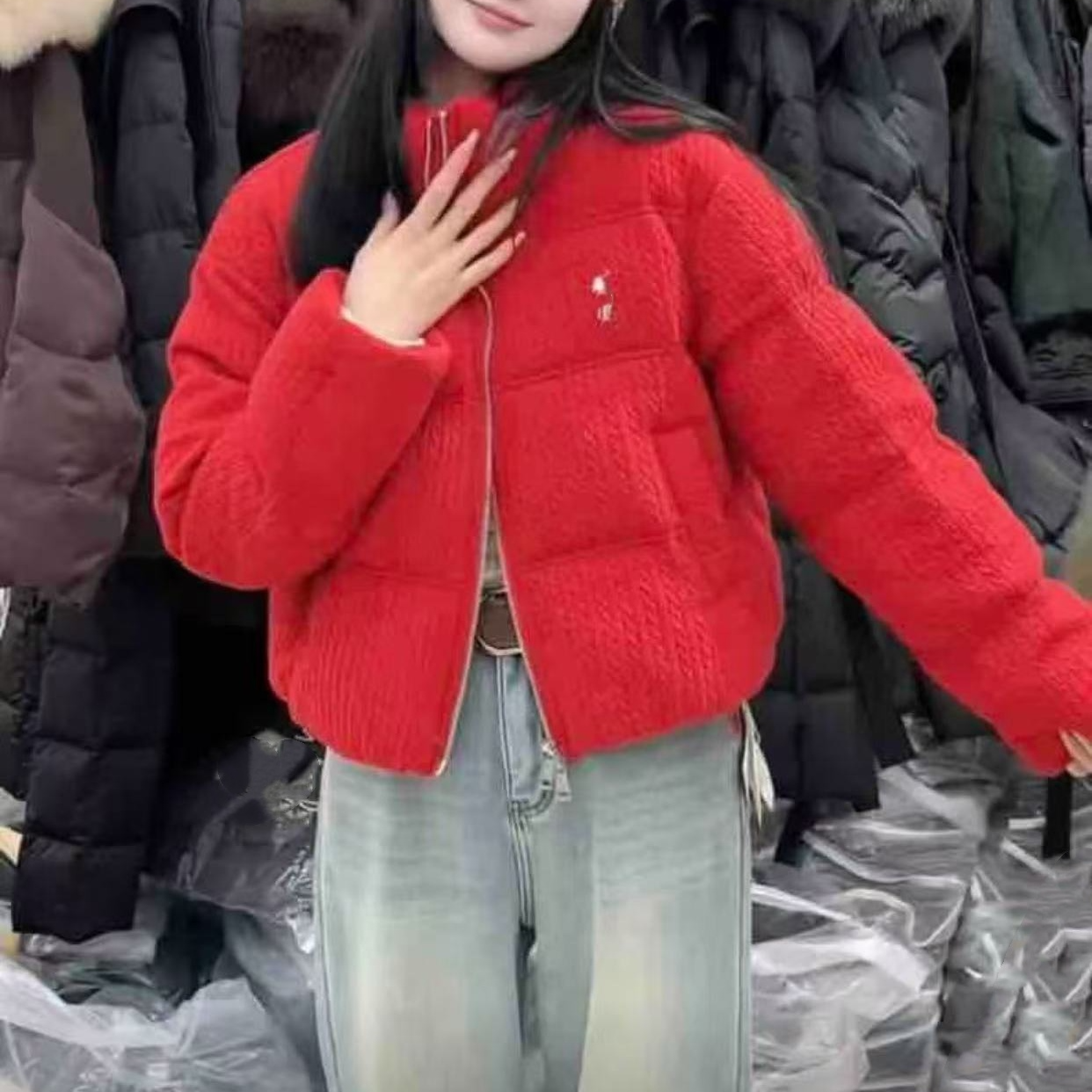 奇奇家时尚韩版大码女装2025冬季新款帅气针织加厚保暖棉服外套