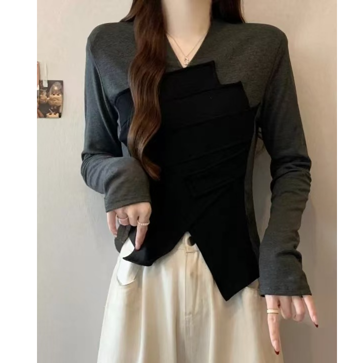 高级感设计感V领正肩长袖T恤女2025秋冬新独特不规则上衣25487