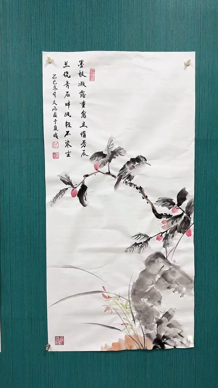 国画尺寸100*50CM兰花石鸟