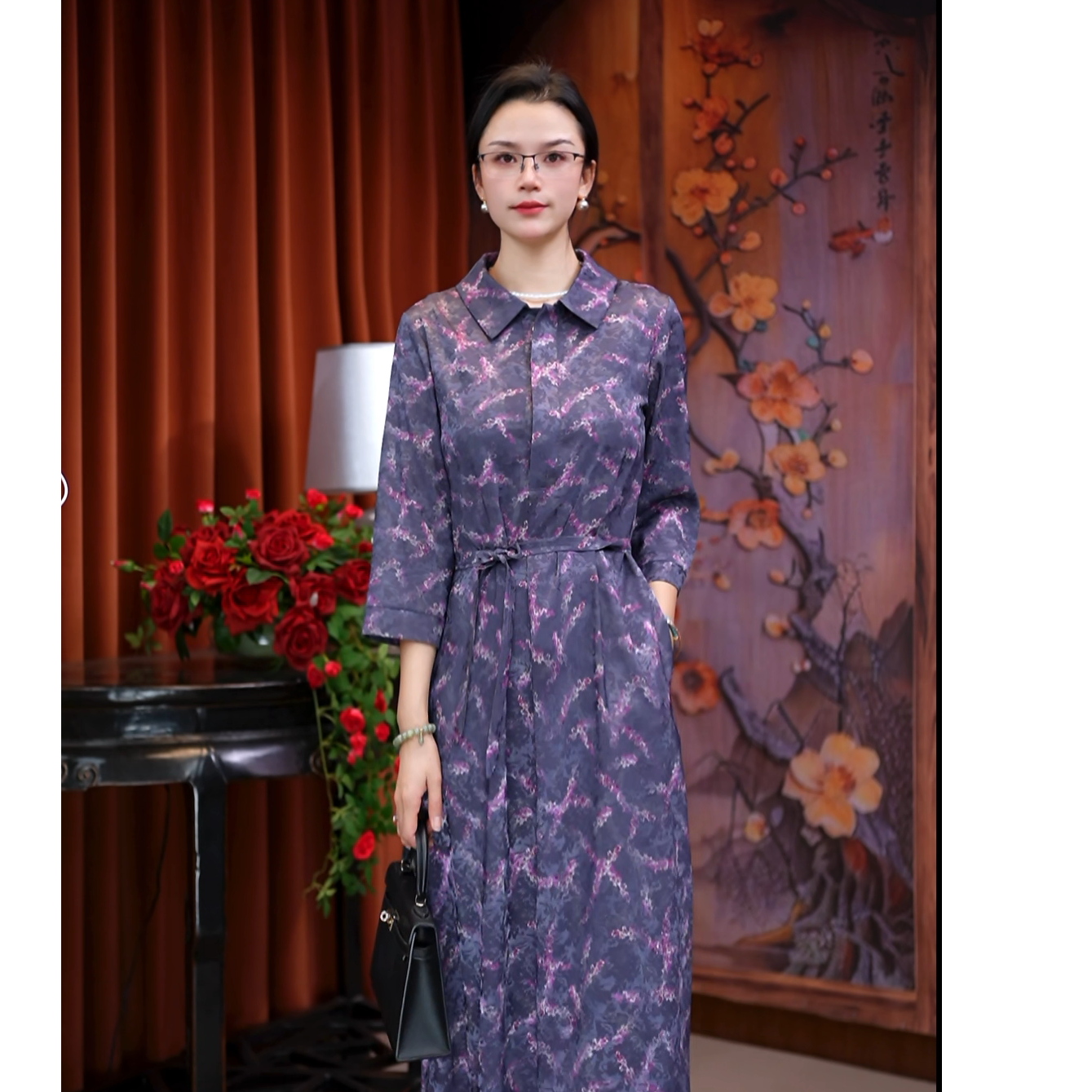 （采薇）翻领不褪色单排多扣欧美风连衣裙中长款时尚提花紫色
