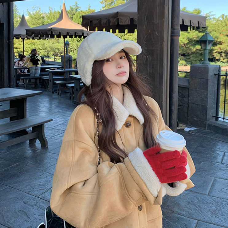 仿羊羔毛短款麂皮绒翻领外套女2022冬装加厚韩版宽松皮毛一体大衣